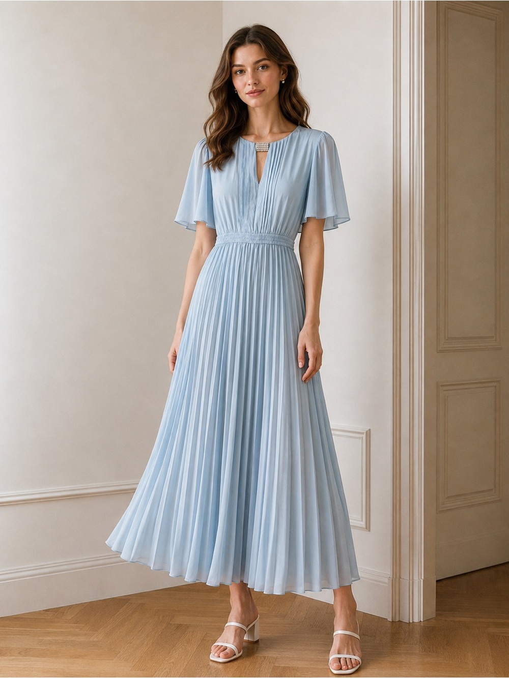 Elegant Light Blue Pleated Maxi Dress Rhinestone Detail Size Small